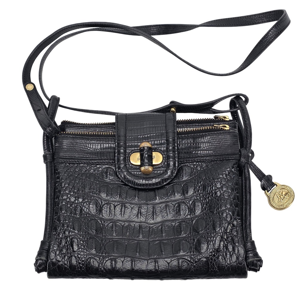 Brahmin Crossbody Bag Black Croc Leather Organizer Turn Lock Wallet Purse Mojito